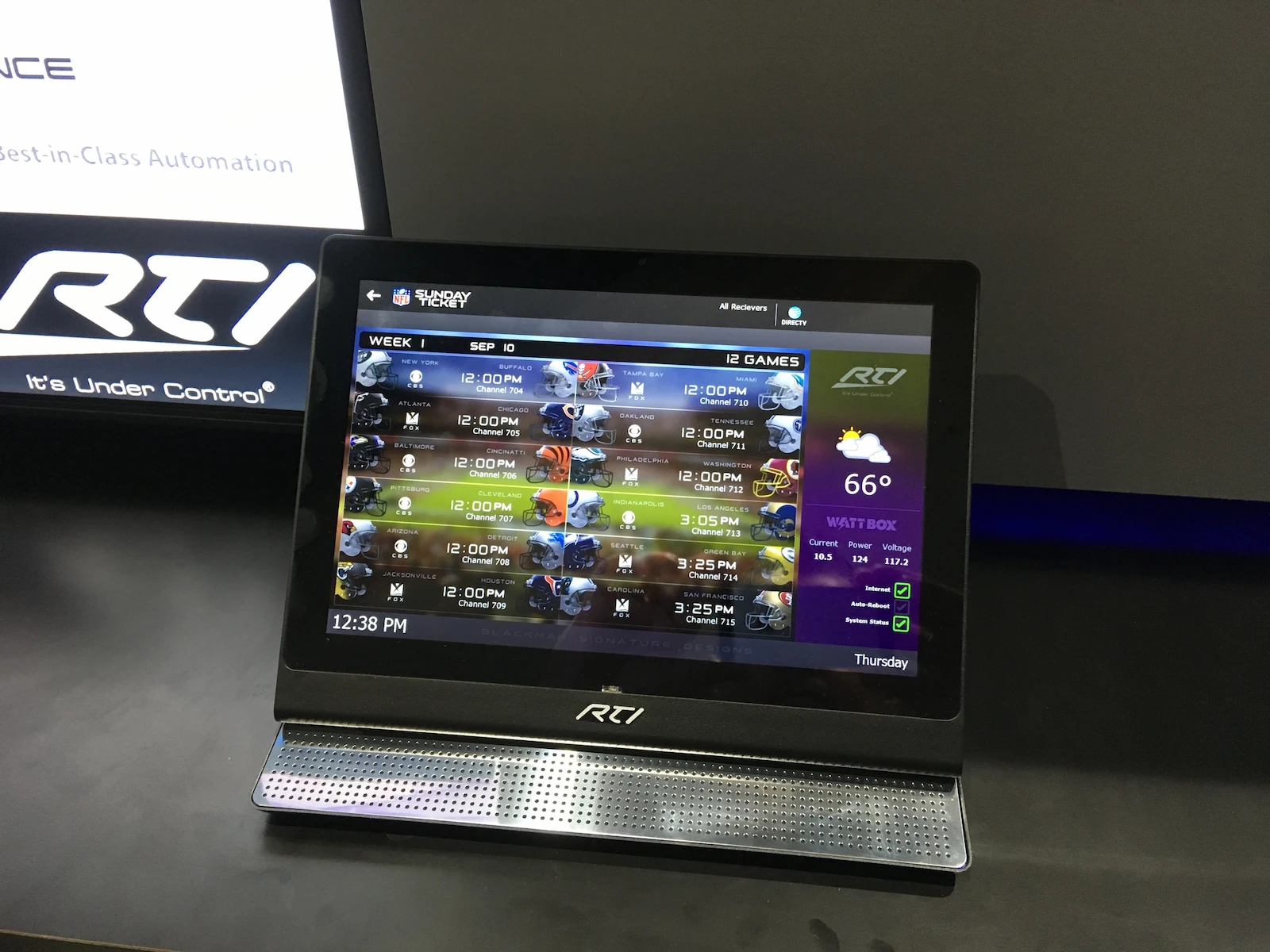 The NFL Sunday Ticket driver running on an RTI touchpanel at the RTI booth at CEDIA Expo